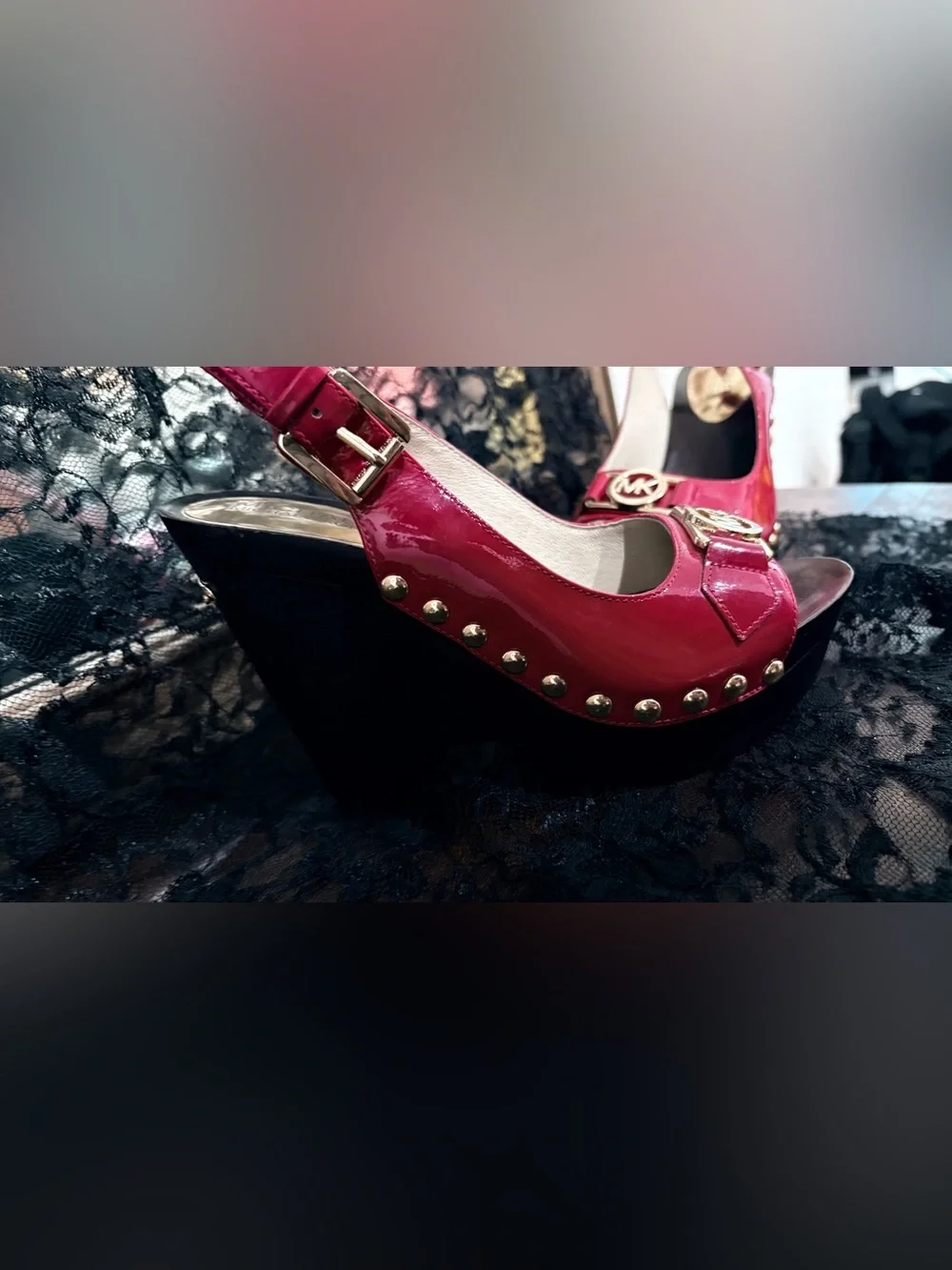 Size 5 Michael Kors Glossy Red  Patent MK Logo Slide Sandals